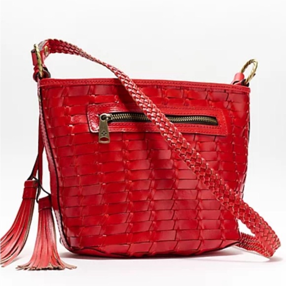Patricia Nash Woven Leather Valbella Zip Crossbody Bright Coral Red AUTHENTIC